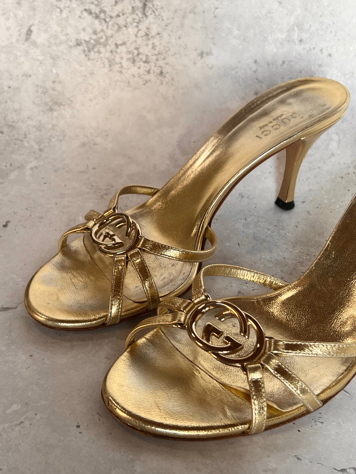 Gucci Metallic Gold Strappy Mule