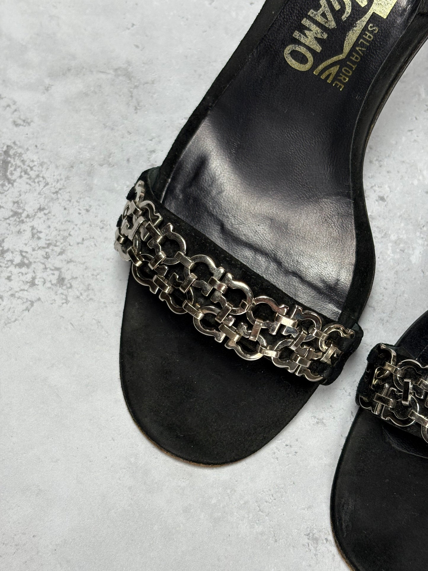 Ferragamo Black Chain Heels