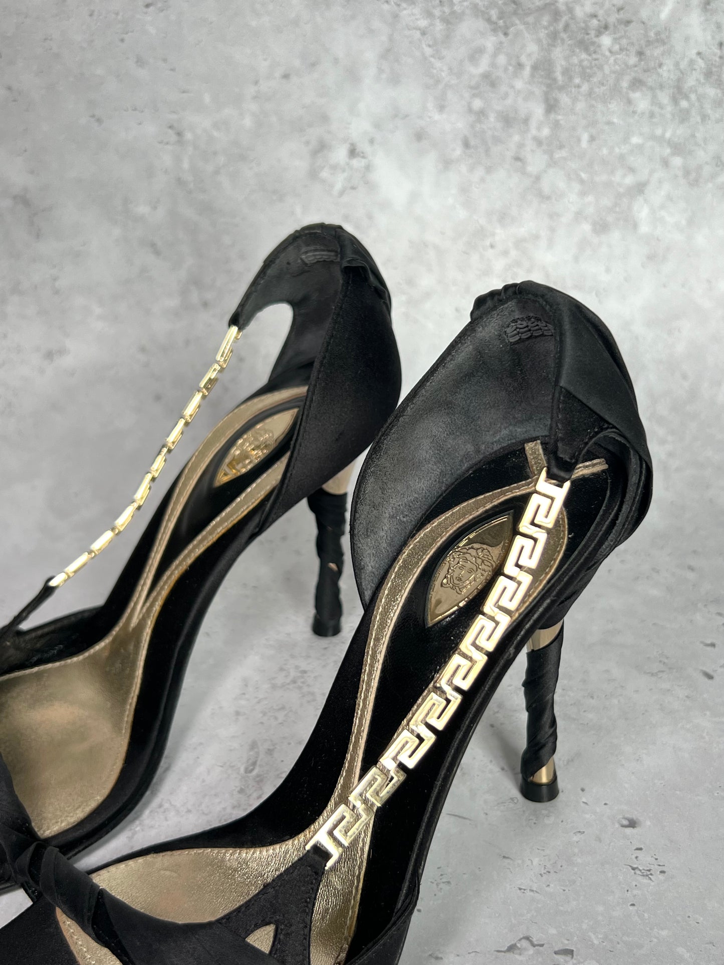 Versace Chain Logo Satin Heels