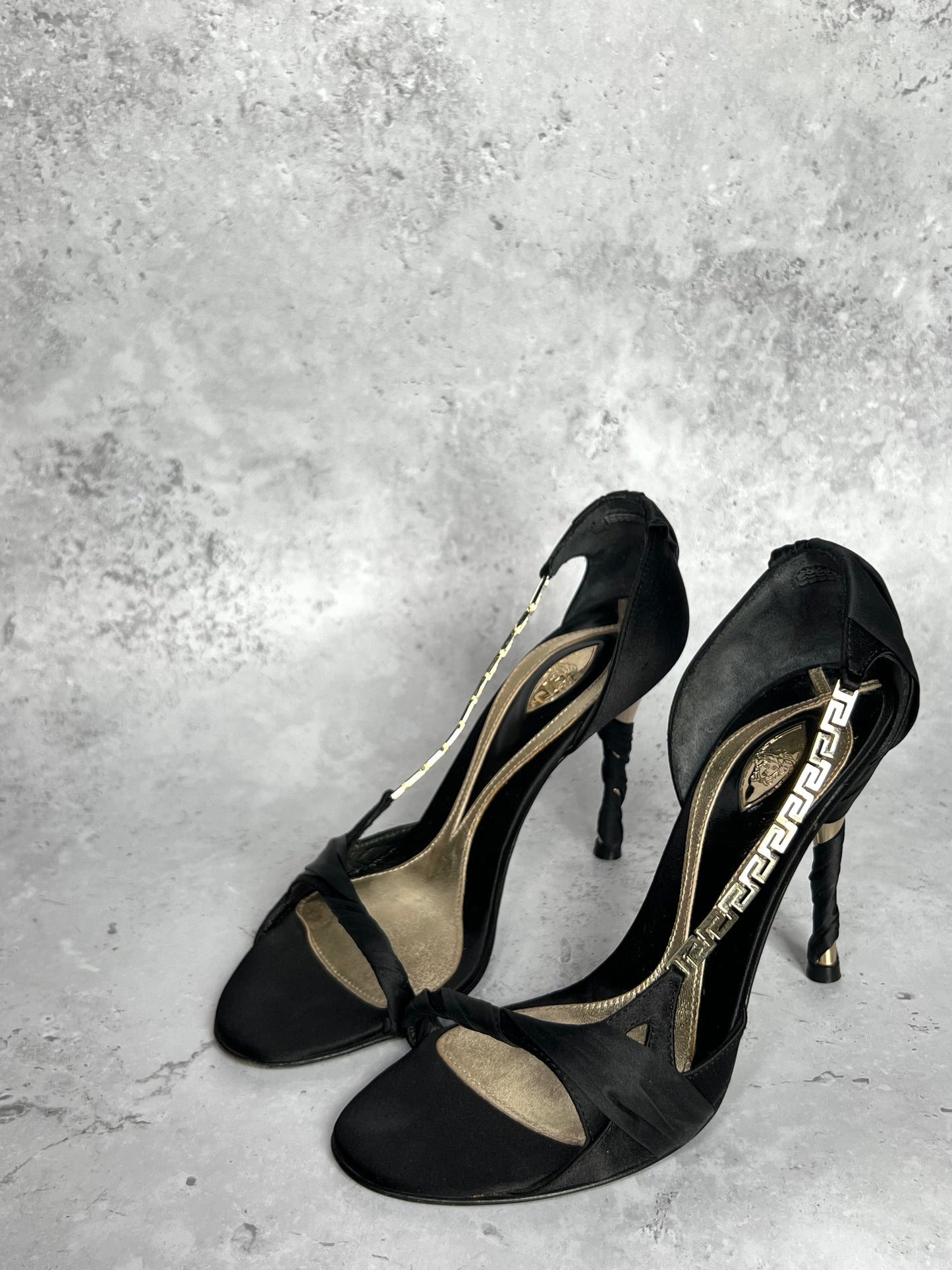 Versace Chain Logo Satin Heels